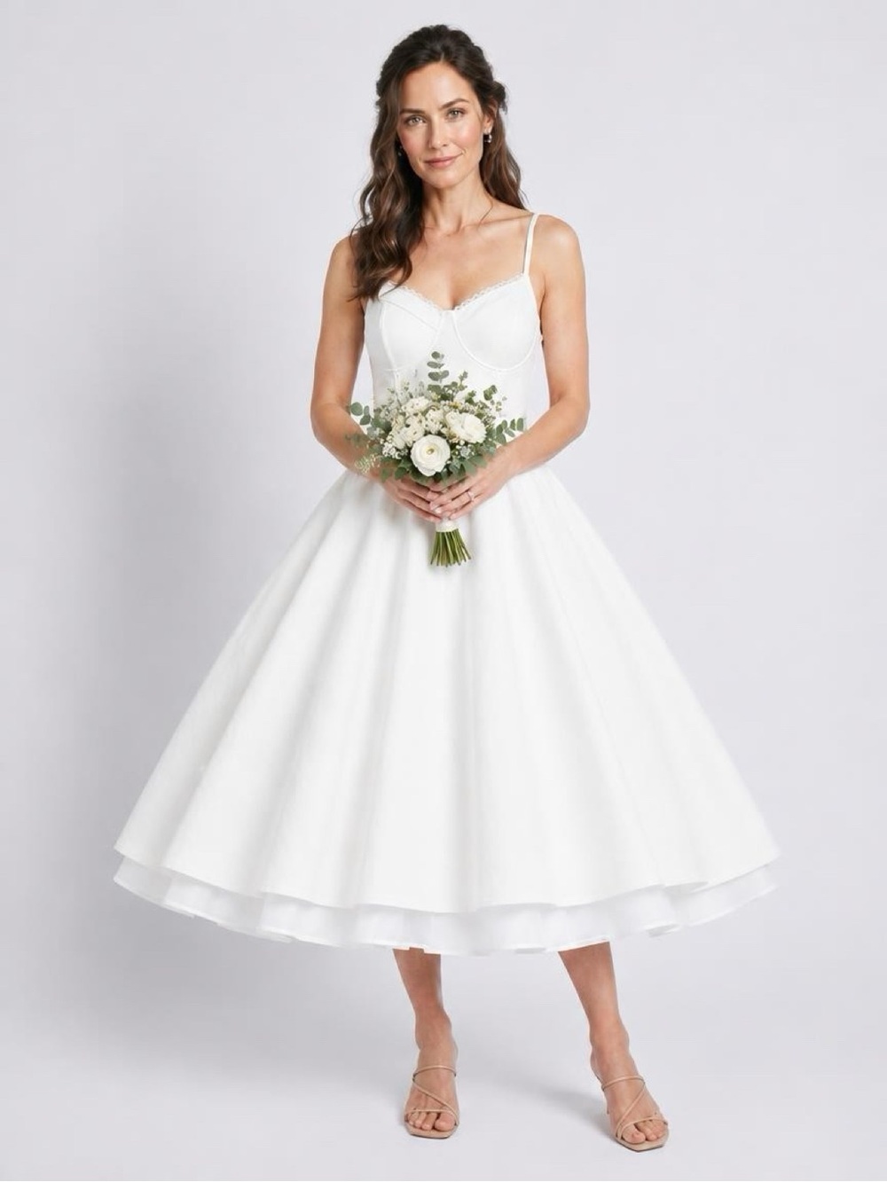 Tea-Length Spaghetti Strap Wedding Dress in White